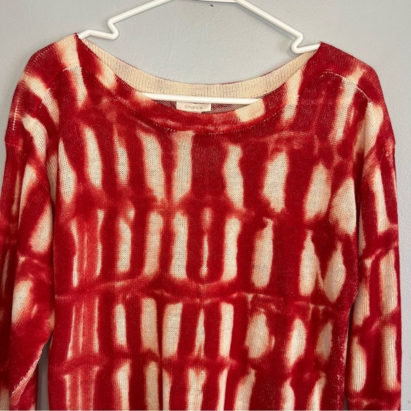 Chico's Womens Linen Rayon Crew Neck 3/4 Sleeve Sweater Sz L Red White Tie Dye - Picture 2 of 6